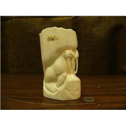 6" relief carved walrus tusk with 3 walruses by Iglaak (2)