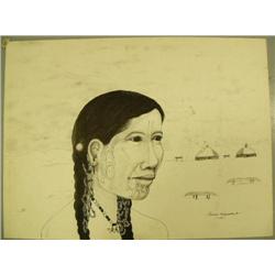 Eskimo woman with tattoos by Florence Malewotkuk 1968 Original pen and ink on Illustration board 15"