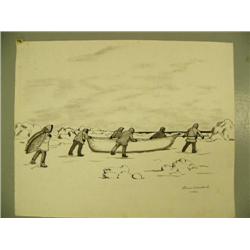 Florence Malewotkuk on canvas in 1967 - a few yellow spots - Eskimo dragging umiak across ice 16"x20