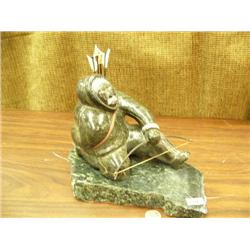 Canadian Eskimo hunter soapstone 6.5" tall baleen bow, seal hide quiver with baleen and bone tipped 