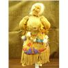 Image 1 : Wood face doll, tanned moose hide 11" tall, signed but unreadable, heavily beaded dress, seal skin b