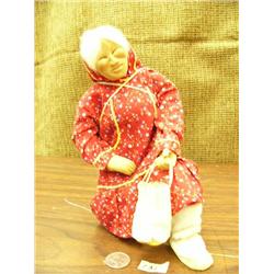 Carved wood face and hands 9.5" tall by Penni Abraham, berry picker, seal gut basket with berries an