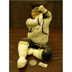 8" wood carver working on dance mask by Shelley Chamberlain, wearing white kuspuk (152)