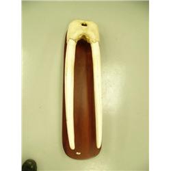 Huge bull walrus mounted skull tusks 31" long scrimshawed with bull walrus and man in kayak, man in 