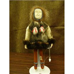 15" Eskimo doll by Arnariak seal skin parka bone face and hands baleen spear (2)