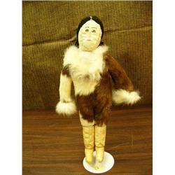 12" doll seal skin mukluks, calfskin body, hand sewn leather face - circa 1960 (148)