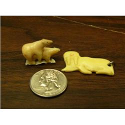 Lot of 2: pair of happy ivory bears 1" tall; carved walrus ivory pendant 1.5" (148)