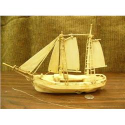 10" ivory ship with ivory sails, ivory hull, rigging of ivory loops and sinew, all done with primiti