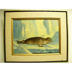 Original oil on canvas by Henne of spotted seal on ice flow - 12"x6" (2)