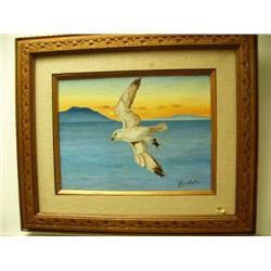 Original Harvey Goodale oil on canvas of Arctic gyro falcon returning from hunt 12"x6" (2)