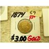 Image 1 : Extremely are $3 gold piece date 1874 made 41820 (154)
