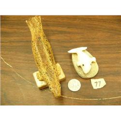 Lot of 2 : six inch whale bone spotted seal and 2.5" ivory whale with baleen eyes by Roger Silook, S