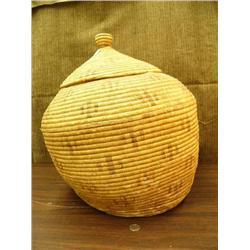 Very old damaged grass basket, faded 18" high, 15" diameter (25)