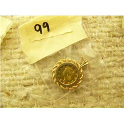 1$ gold piece dated 1852 made in new Orleans mint 140000 mounted in 14k gold rope edge bezel (154)