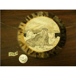 CHOICE on 3: 5.5" by Judy Pelowuk pen and ink drawing on seal skin - walrus mother and child (155)