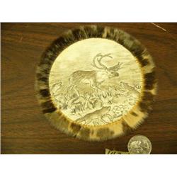 CHOICE on 3: 5.5" by Judy Pelowuk pen and ink drawing on seal skin -Caribou being attacked by wolves