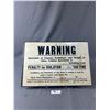 Image 1 : Vintage Card Stock Warning Sign. Approx. 12" x 18"