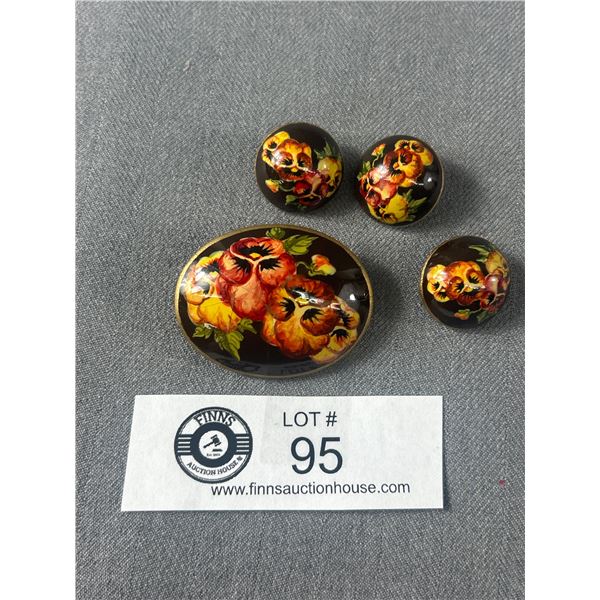 Lovely Antique Hand Painted Flower Brooch and Earrings Set