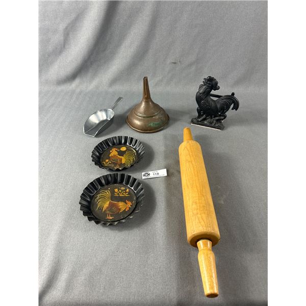 Vintage Cast Iron Rooster,Tin Dishes,Copper Funnel, Wood Rolling Pin & Scoop