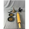 Image 1 : Vintage Cast Iron Rooster,Tin Dishes,Copper Funnel, Wood Rolling Pin & Scoop