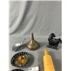 Image 3 : Vintage Cast Iron Rooster,Tin Dishes,Copper Funnel, Wood Rolling Pin & Scoop
