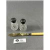 Image 2 : Antique Crystal Salt & Pepper with Sterling Tops & Bakelite Handled Knife with Sterling Collar