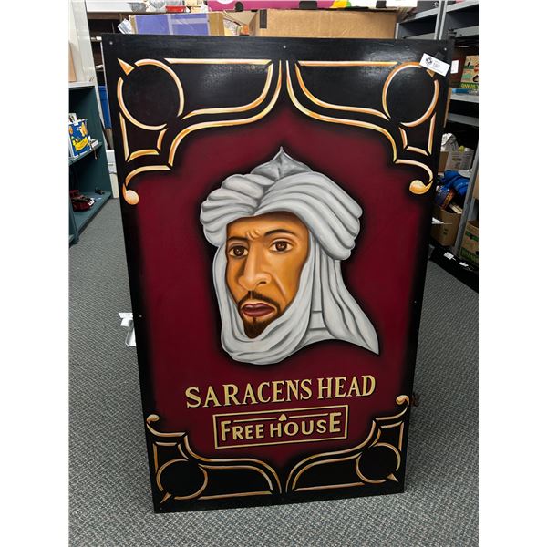 Vintage Pub Sign "Saracens Head Free House" Metal British Pub Sign. NO SHIPPING. Approx. 49 1/2" x 3