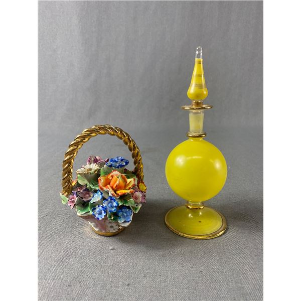 Marked 0761/2 Italy Porcelain Flower Basket & Delicate Perfume Bottle Approx. 6 1/2" H