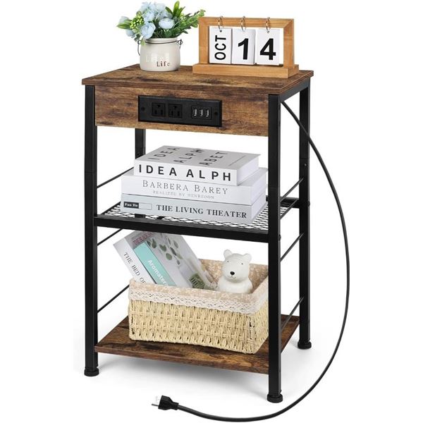 Bedroom Nightstand with Charging Station Industrial 3 Tier End Table with Storage Shelf Farmhouse Si