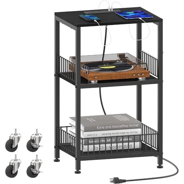 Nightstand Black with Charging Station, 3-Tier Night Stand with USB Ports and Outlets, Mobile Side T