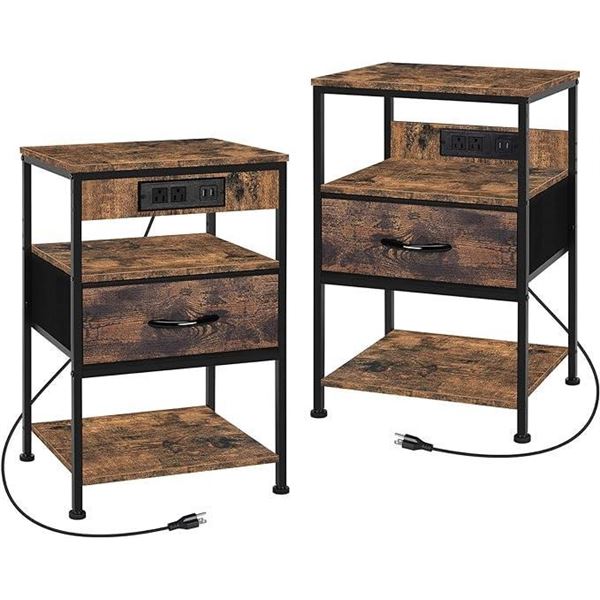 Nightstands Set of 2 with Charging Station, End Table Bedroom Bedside Table with USB Ports, Industri