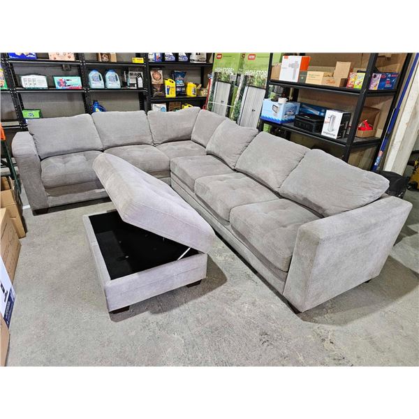 Grey Microfiber Sectional With Storage Ottoman