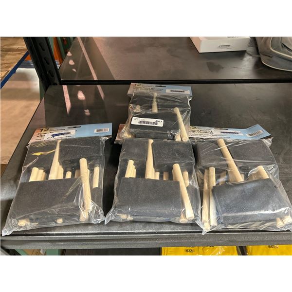 Lot of foam paint brushes with wood handles, assorted sizes. 4 packs of 12 brushes