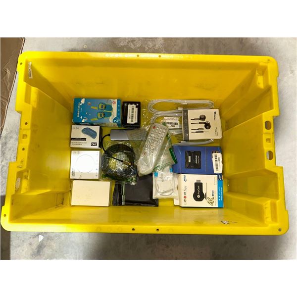 Bin of assorted electronics and cables. Bin inluded