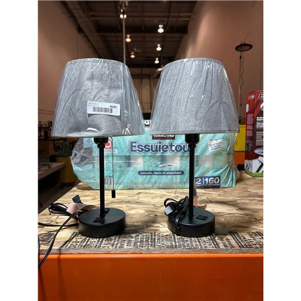 Lot of 2 table top lamps with gray lampshades and USB ports