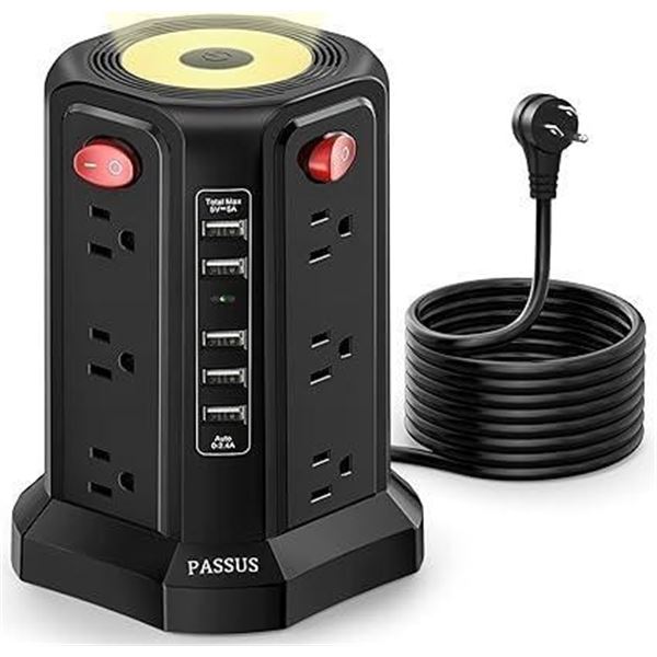 PASSUS  Tower Power Bar Surge Protector 10FT Long Extension Cord Indoor,Power Strip with 5 USB Ports