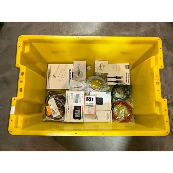 Bin of assorted electronics and cables. Bin included