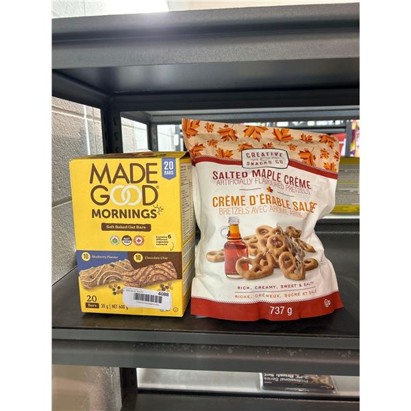 Lot of Made Good Mornings soft baked oat bars and Creative Snacks Co. salted maple cream pretzels