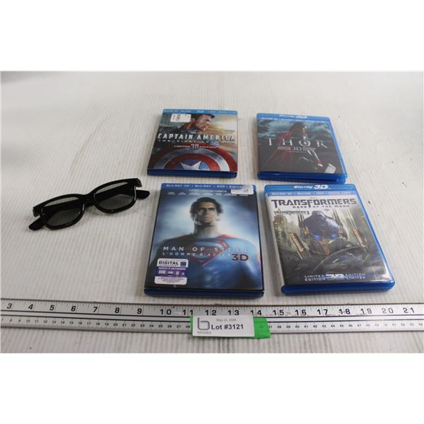 (4) 3D Blu-ray Movies with Glasses - Captain America, Man of Steel