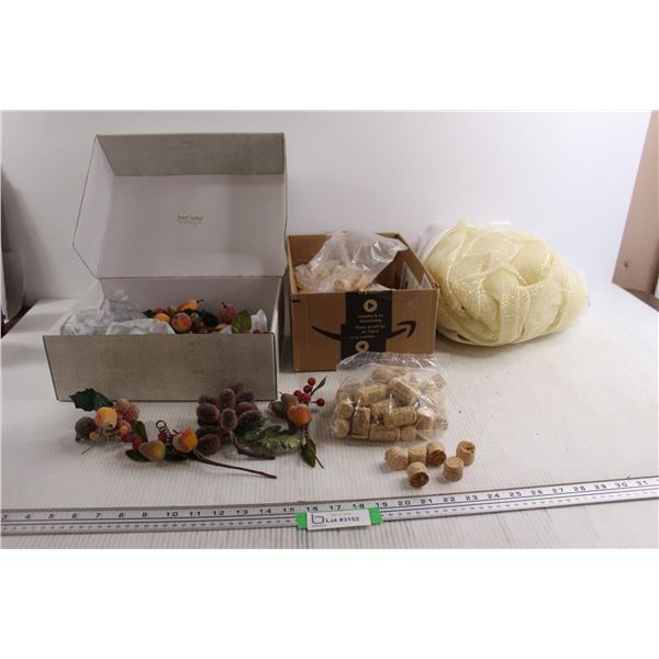 Sugar Fruit Ornaments, Various Corks, Ribbon