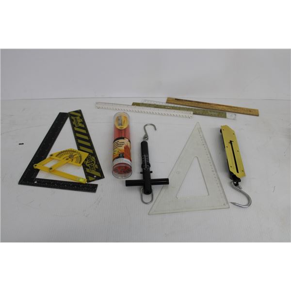 Assortment of Rulers & Squares - (2) Hand Held Scales - Carpenters Pencils