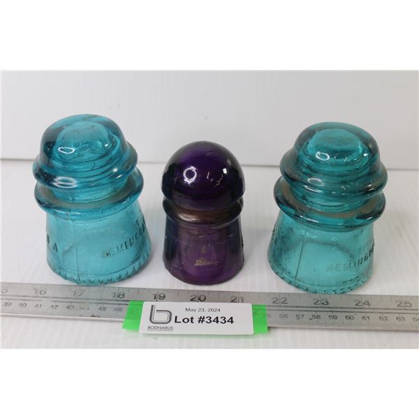 (2) Blue Hemingway Glass Insulators - Unnamed Purple Insulator (all have very small chips)