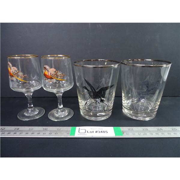 (2) Double Old Fashioned Sportsman Glasses with Platinum Trim and (2) Vintage Gold Rimmed Pheasant P