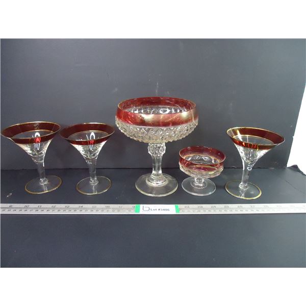 Indiana Glass Footed Fruit Bowl,(3) Cranberry Gold Trim Fluted Goblets and (1) Vintage Red Rim Pedes