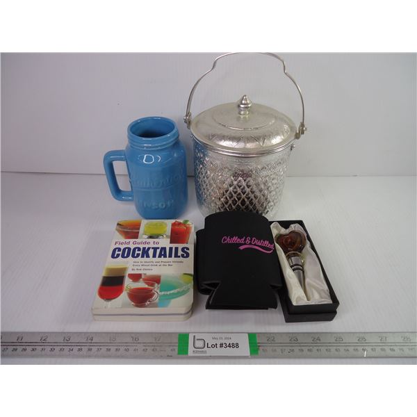 Ice Bucket, Mason Mug, Murano Style Wine Bottle Stopper,(2) Beer Cozies and Book on Cocktail Drinks