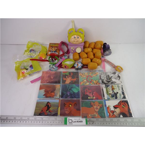 Large Lot of Kinder Surprise(unopened),(10) Watches,(5) Sheets of Lion King Cards,(2) Minions Toys(u