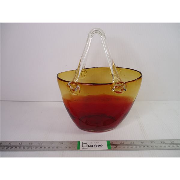 Artisan Hand Blown Glass Vase Purse with Handle-Red Amber Basket/Clear Handle