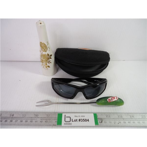 Old Foley Salt Shaker, Harley Davidson Sunglasses w/Case and Bick's Pickle Promotional Fork