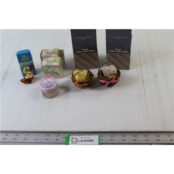 Avon Duck & Bunny Ornaments, Avon Duck Bottle Perfume, (2) Avon Cream Sachet