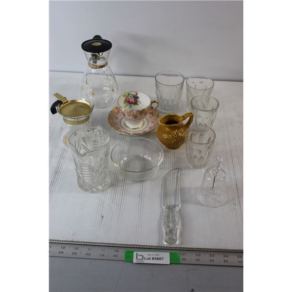 Assorted Glasswear, Glass Knife, Teacup & Plate